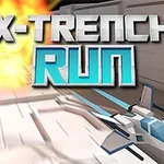 Kosmická loď letí tunelem s nápisem X-Trench Run a výbuch v pozadí
