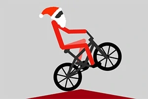 Postava v červeném oblečení a čepici Santa Clause jede na kole na šedém pozadí