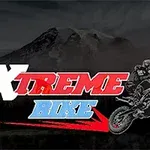 Název Xtreme Bike v červeno-modré barvě s grafikou motocyklisty na pozadí horské krajiny