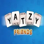 Kostky se slovy Yatzy Friends na modrém pozadí, s usmívající se kostkou a herním blokem napravo