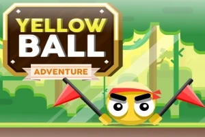 Žlutá koule s červenými praporky a nápis Yellow Ball Adventure na pozadí zeleného lesa