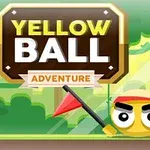 Žlutá koule s červenými praporky a nápis Yellow Ball Adventure na pozadí zeleného lesa