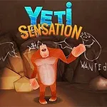 Na obrázku je oranžový yeti v jeskyni s nápisy a kresbami na zdech