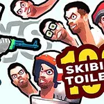 Robot s puškou a skupina výrazných animovaných obličejů s nápisem 100 Skibidi Toilets