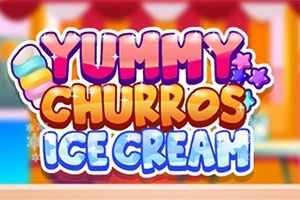 Barevný nápis Yummy Churros Ice Cream s ilustrací různobarevného lízátka a fialových hvězdiček na pozadí cukrárny