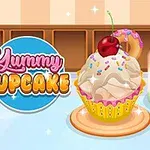 Barevný cupcake s posypkou, třešní na vrcholu a sklenicí nápoje vedle