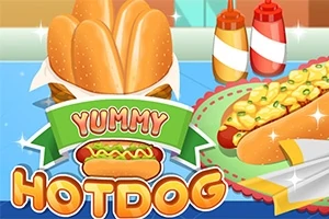 Ilustrace zobrazující hotdogy s rohlíky, omáčkami a nápisem Yummy Hotdog na barevném pozadí