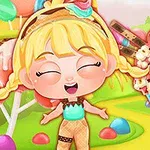 Dívka s blonďatými copy a zavřenýma očima stojí v barevném krajině s lízátky a sladkostmi