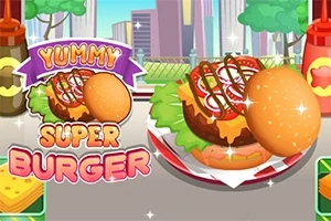 Velký hamburger s hlávkovým salátem, rajčaty, okurkami a omáčkou na talíři, obklopený kečupem a hořčicí, s nápisem Yummy Super Burger