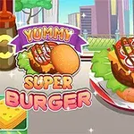 Velký hamburger s hlávkovým salátem, rajčaty, okurkami a omáčkou na talíři, obklopený kečupem a hořčicí, s nápisem Yummy Super Burger