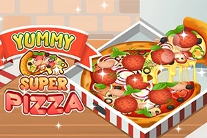 Lahodná pizza s feferonkami, olivami, bazalkou a rozpuštěným sýrem v krabici vedle nápisu „Yummy Super Pizza“