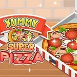 Lahodná pizza s feferonkami, olivami, bazalkou a rozpuštěným sýrem v krabici vedle nápisu „Yummy Super Pizza“