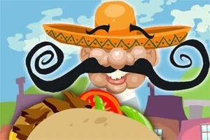 Kreslená postava s velkým knírem a sombrerem na hlavě drží tacos na pozadí malebného městečka