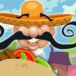 Kreslená postava s velkým knírem a sombrerem na hlavě drží tacos na pozadí malebného městečka