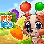 Pes s velkýma očima a úsměvem stojí vedle názvu „Yummy tales“ obklopený barevnými ovocnými a zeleninovými předměty na pozadí krajiny