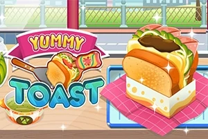 Barevný kreslený obrázek s toastem s omáčkou a zeleninou vedle nápisu Yummy Toast