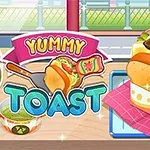 Barevný kreslený obrázek s toastem s omáčkou a zeleninou vedle nápisu Yummy Toast