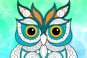 Barevná ilustrace sovy s výraznými modrými a oranžovými prvky na abstraktním tyrkysovém pozadí