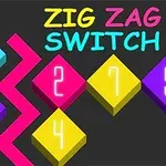 Barevné číslice na kostkách s neonovými odstíny a nápisem Zig Zag Switch na tmavém pozadí