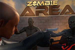 Pohled na postavu se zbraní střílející na dvě zombie před zdí s nápisem Zombie Area