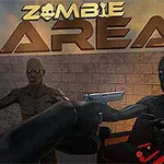 Pohled na postavu se zbraní střílející na dvě zombie před zdí s nápisem Zombie Area