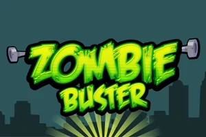 Zelený nápis Zombie Buster se svítícím efektem na tmavém pozadí se siluetou města