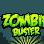 Zelený nápis Zombie Buster se svítícím efektem na tmavém pozadí se siluetou města