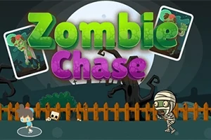 Barevný nápis Zombie Chase s postavami zombíků, plotem a lebkou v nočním prostředí