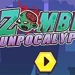 Barevný nápis s obrázkem karikaturní zombie a žlutým tlačítkem play na pozadí temného města