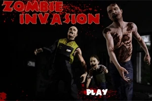 Tři zombie postavy kráčející vpřed s krvavými detaily na tmavém pozadí, s nápisem Zombie Invasion v červené barvě nahoře