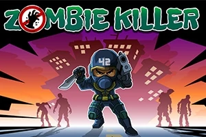Postava ozbrojeného vojáka v helmě a plynové masce stojí v popředí proti siluetám zombie s městem v pozadí