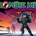Postava ozbrojeného vojáka v helmě a plynové masce stojí v popředí proti siluetám zombie s městem v pozadí