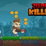 Postava s vousy a zbraní v ruce běží po plošině s mincemi, zatímco ji pronásleduje postava v helmě na hřbitově, s nápisem Zombie Killers nahoře