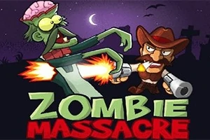 Kreslená postava kovboje střílí na zeleného zombie s odkrytým mozkem, nad názvem Zombie Massacre na nočním pozadí
