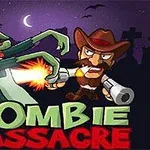 Kreslená postava kovboje střílí na zeleného zombie s odkrytým mozkem, nad názvem Zombie Massacre na nočním pozadí