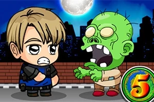 Jednoduchá kreslená postava s blonďatými vlasy čelí zombii na městské ulici v noci s viditelným měsícem na obloze