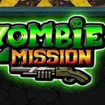 Text Zombie Mission se zeleným a oranžovým efektem a obrázkem brokovnice pod ním