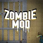 Nápis Zombie Mod na mřížovaném pozadí s postavou zombíka na pravé straně