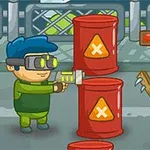 Postava v brýlích a zeleném obleku střílí ze zbraně na zombie s dřevěnou tyčí za červenými sudy