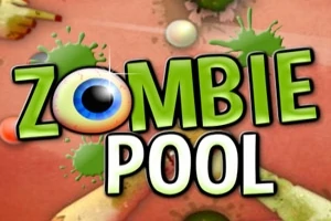 Název Zombie Pool s grafikou zahrnující oko místo písmene O a zelené skvrny na pozadí