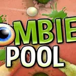 Název Zombie Pool s grafikou zahrnující oko místo písmene O a zelené skvrny na pozadí
