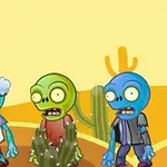 Tři kreslení zombíci se zvláštními výrazy stojí na pouštní scéně s kaktusy a žlutým pozadím