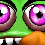 Zelená postava s velkýma fialovýma očima a oranžovým nosem s vystouplými zuby