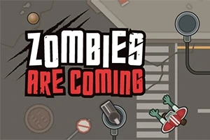 Text Zombies Are Coming na šedém pozadí s zombie a městskými prvky jako značky a kanály