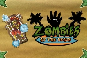 Kreslený zombie v havajském oblečení obklopený sněhovými vločkami vedle palem a textu Zombies at the Beach s černou siluetou ruky na pozadí písku
