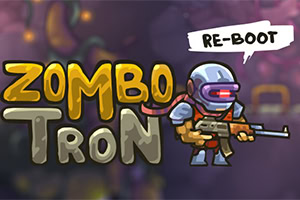 Barevný kreslený obrázek vojáka s helmou a puškou na pozadí s nápisem Zombotron a komiksovou bublinou Re-Boot