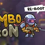 Barevný kreslený obrázek vojáka s helmou a puškou na pozadí s nápisem Zombotron a komiksovou bublinou Re-Boot