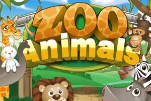 Kreslené zvířata včetně žirafy, opice, lva a zebry kolem nápisu Zoo Animals