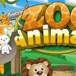 Kreslené zvířata včetně žirafy, opice, lva a zebry kolem nápisu Zoo Animals