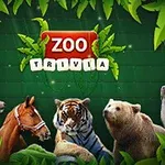 Zvířata, včetně jelena, koně, tygra, medvěda a tuleně, na zeleném pozadí s nápisem ZOO Trivia